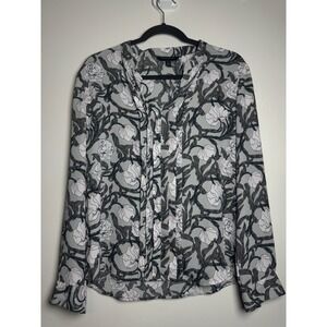 Banana Republic Gray Floral Vine Pleated Split Neck Blouse Small Long Sleeve